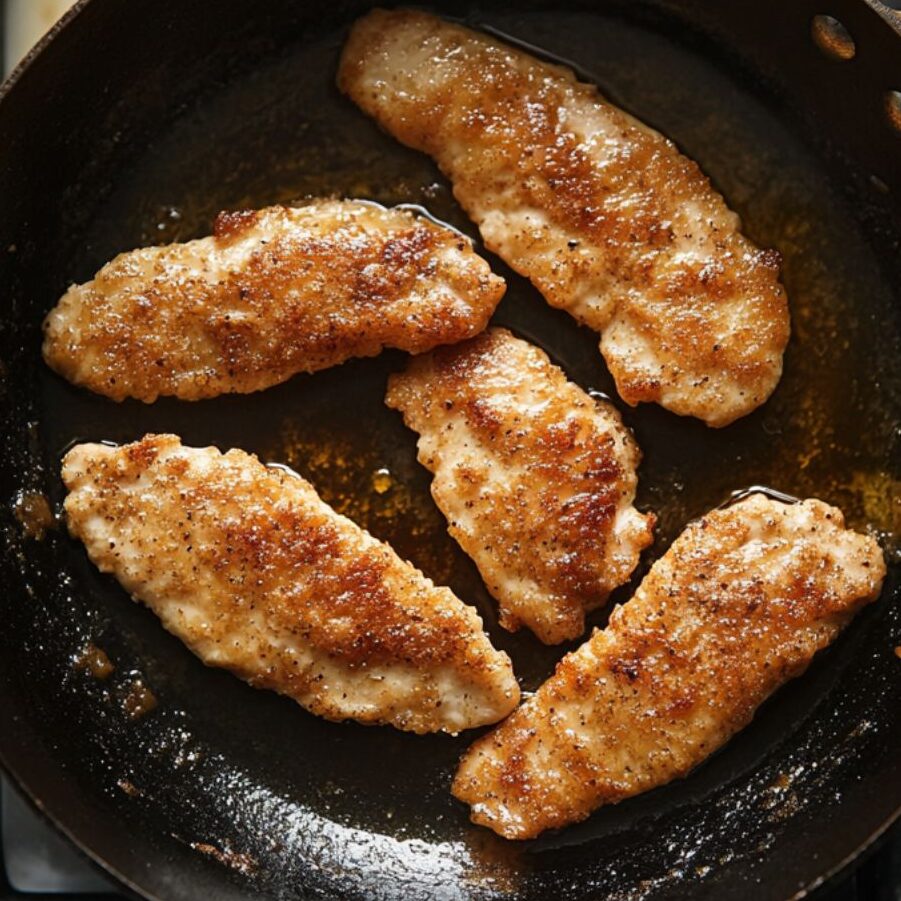 Chicken strips being seared in a skillet until golden