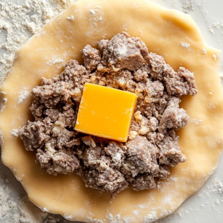 Close-up of assembling cheeseburger bombs with biscuit dough and beef.
