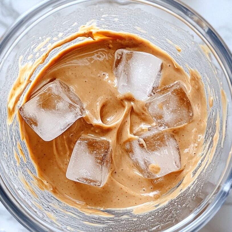 Honey and ice being added to blender over peanut butter mixture