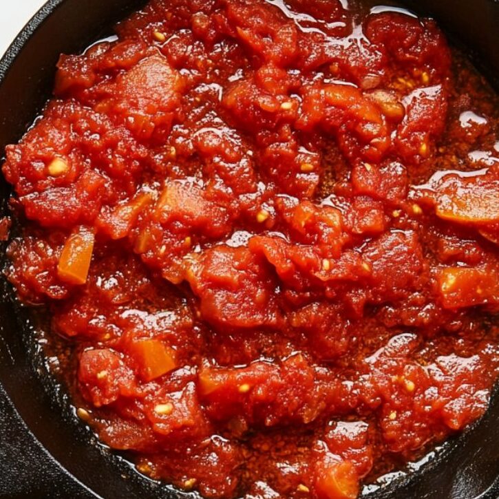 Simmering tomato sauce base in a cast iron skillet