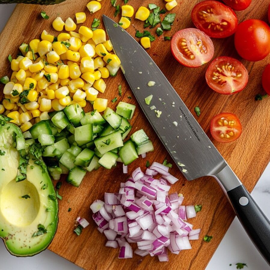 Fresh burrito toppings like avocado, tomato, and onion being chopped on a white kitchen counter.