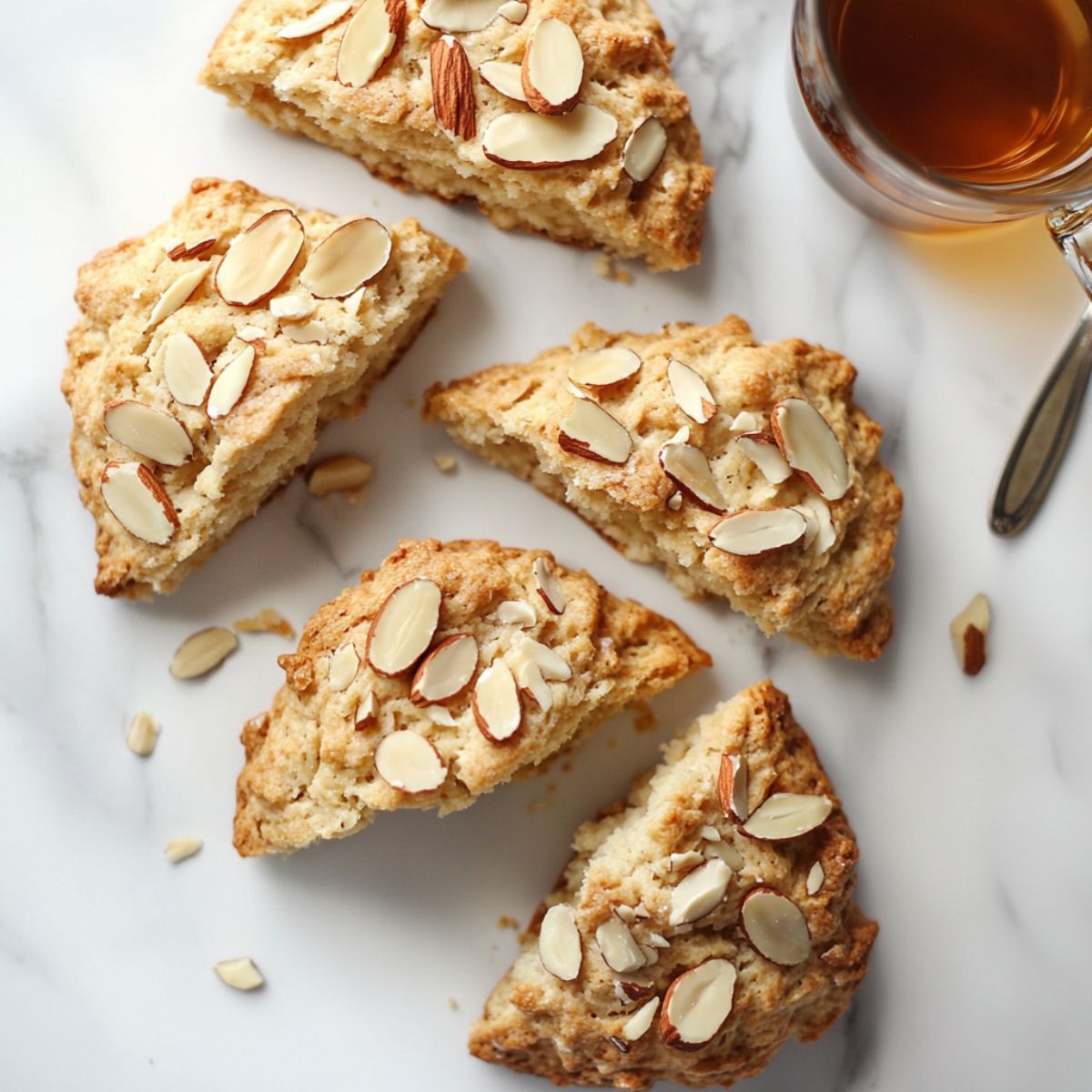 Baked almond scones cooling on a wire rack with a light glaze on top