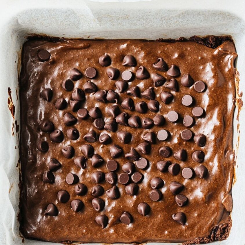 Avocado brownie batter in a glass baking dish ready to bake