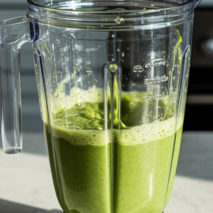 Green smoothie blending in motion on white marble counter.