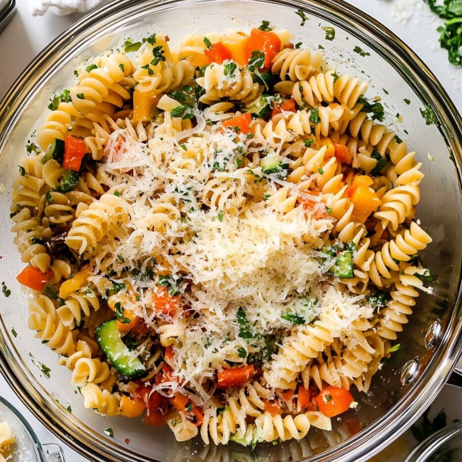 Pasta, sauce, and vegetables combined in a large pan with herbs and cheese

