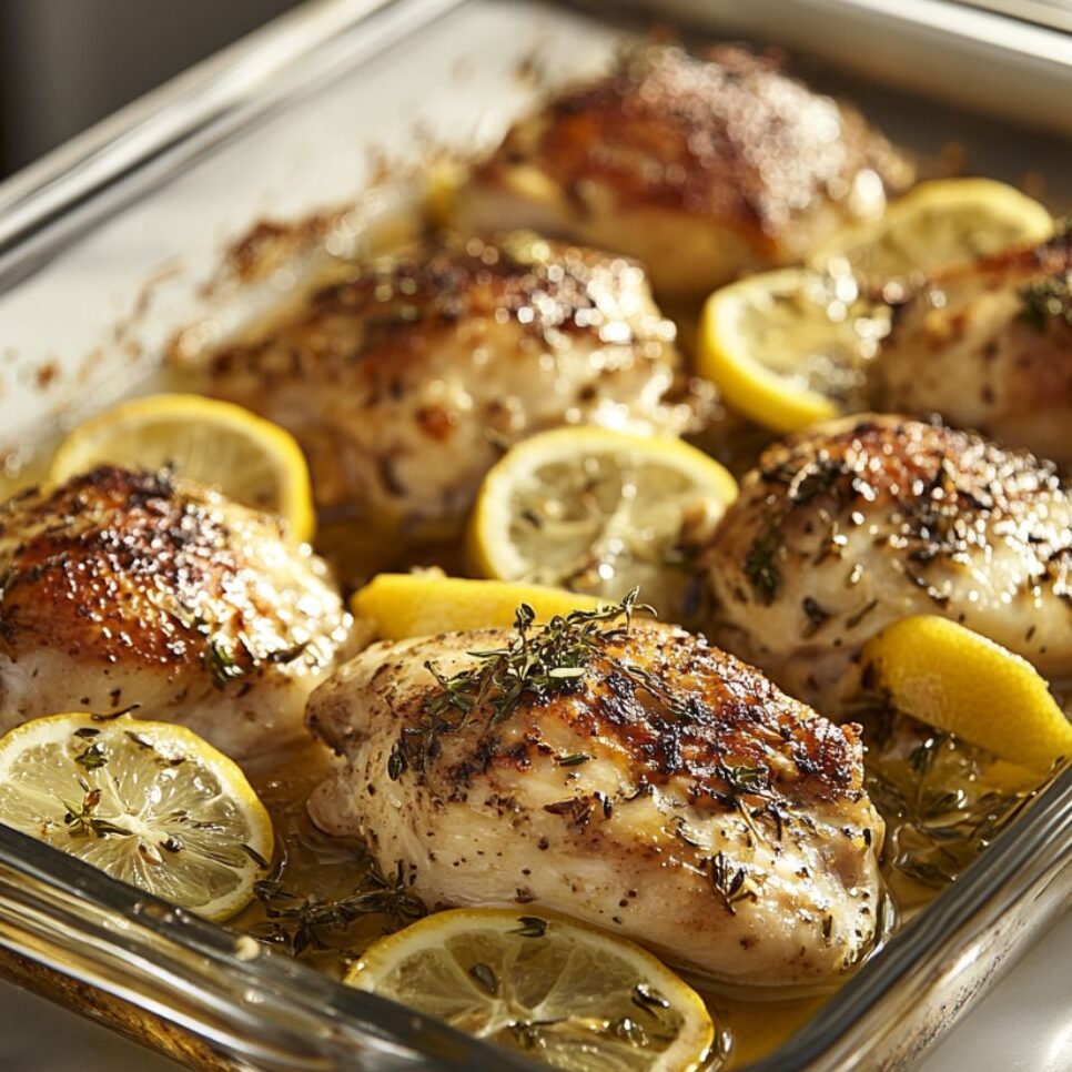 Greek chicken baking in a glass dish with lemon and herbs on a white countertop.