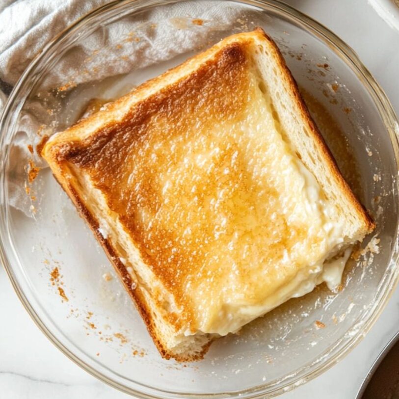 Stuffed French toast being dipped and cooked in a pan