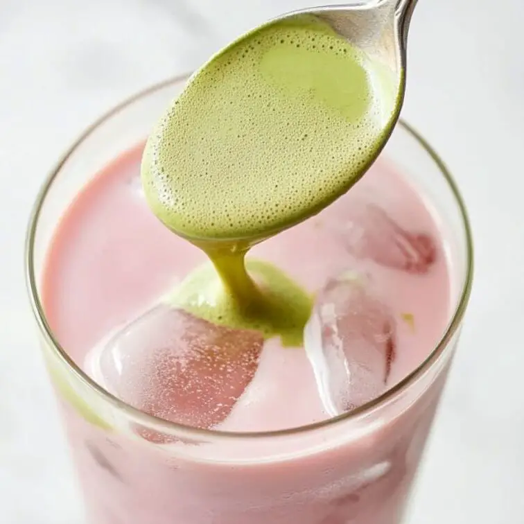 Pouring green matcha onto pink strawberry milk in a clear glass to create layers