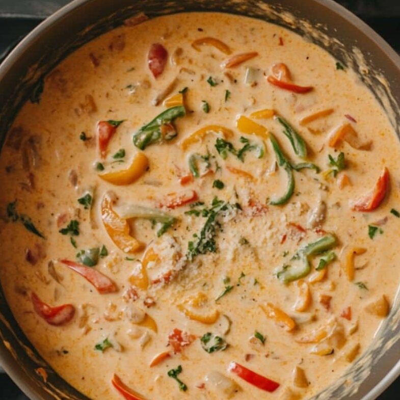 Creamy cajun sauce simmering with veggies in a skillet.