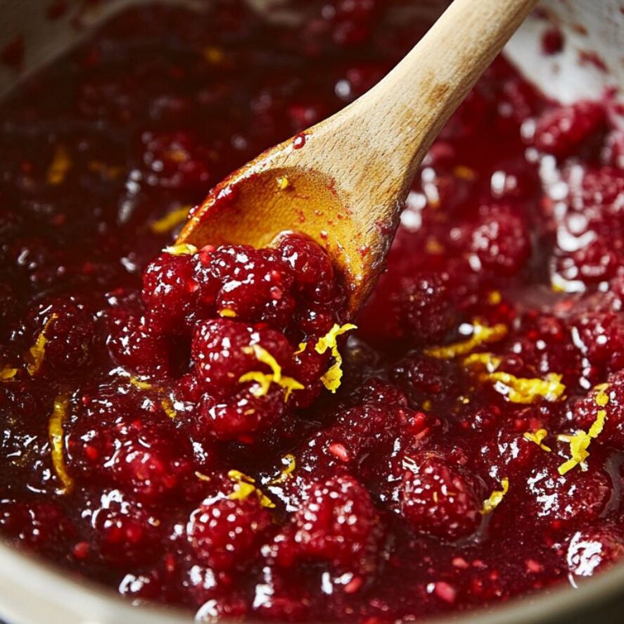 Cooking raspberry filling in a pot with lemon zest and a wooden spoon