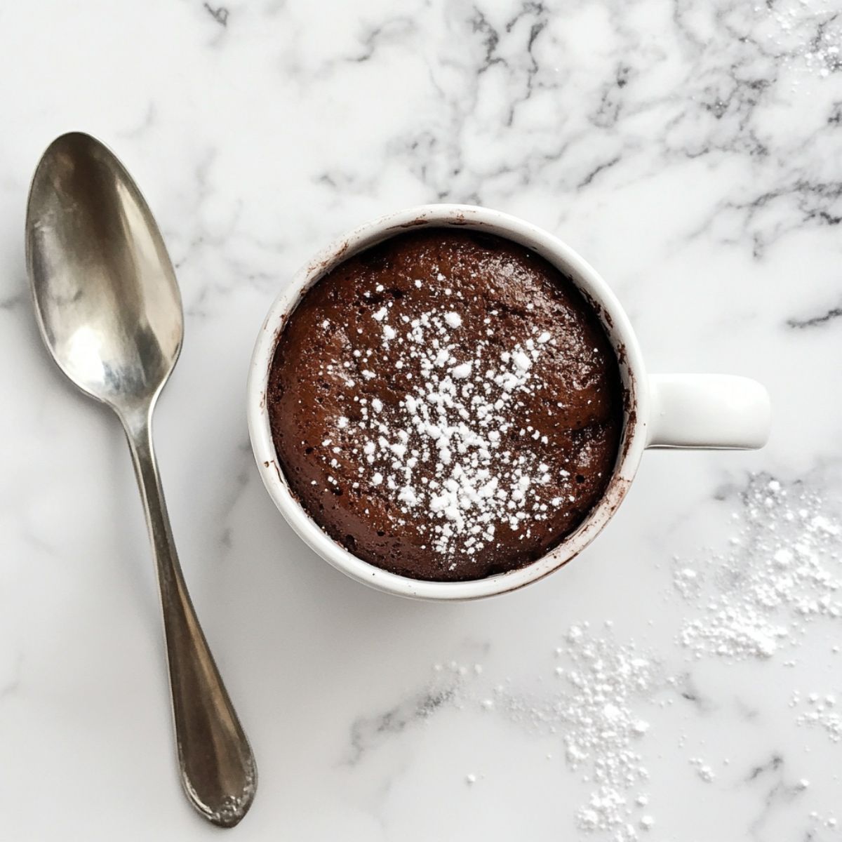Warm mug cake resting on a counter with a spoon next to it, ready to eat