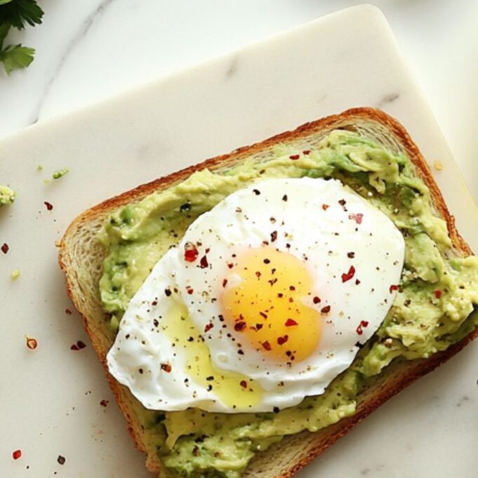 Topping avocado toast with poached egg and garnishing with herbs