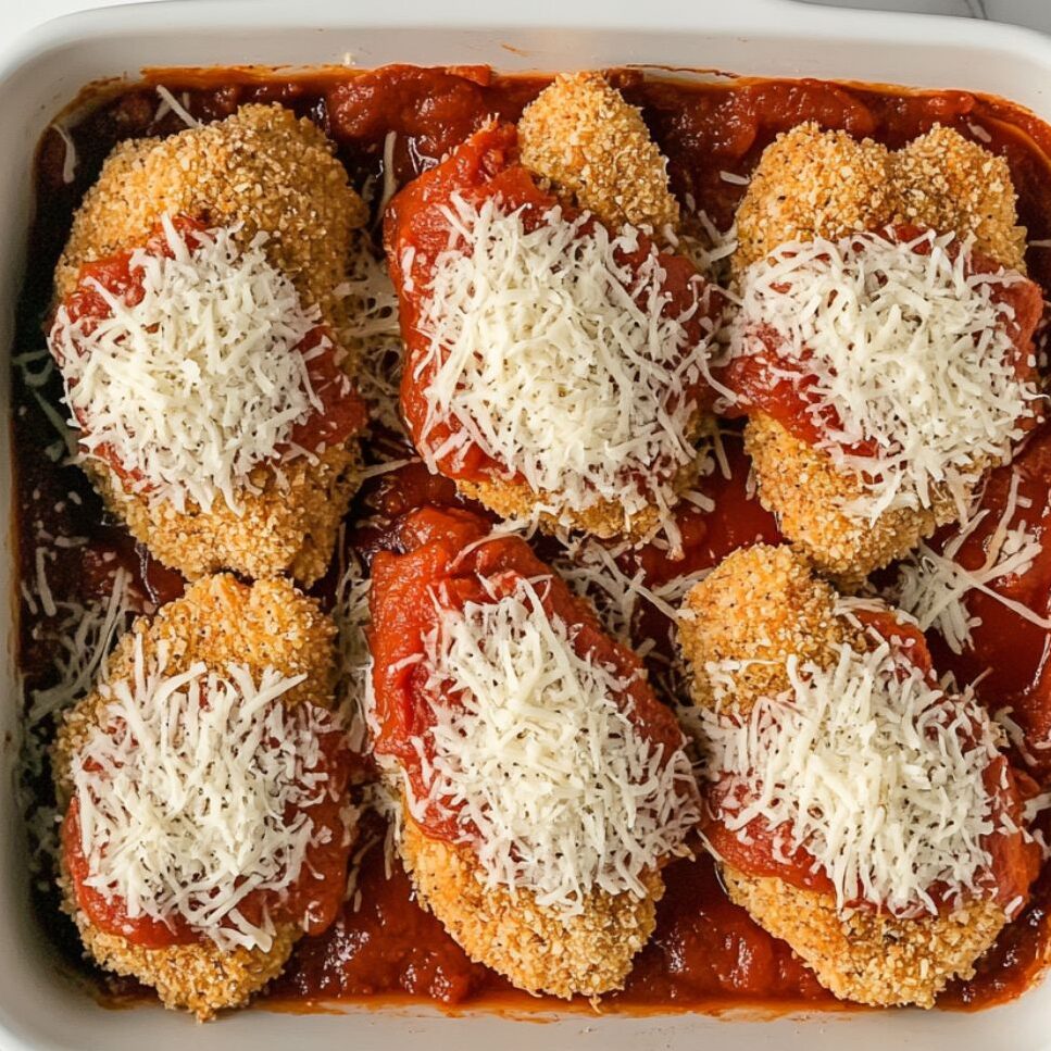 Breaded chicken in a baking dish topped with marinara, mozzarella, and parmesan