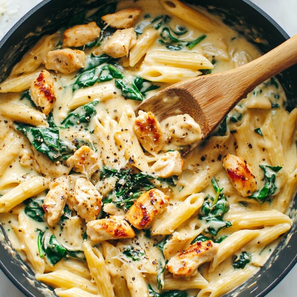 Tuscan pasta being mixed in a skillet with parmesan and spinach