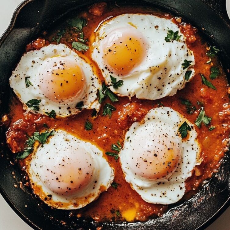 Eggs cracked into the tomato sauce, cooking in a skillet