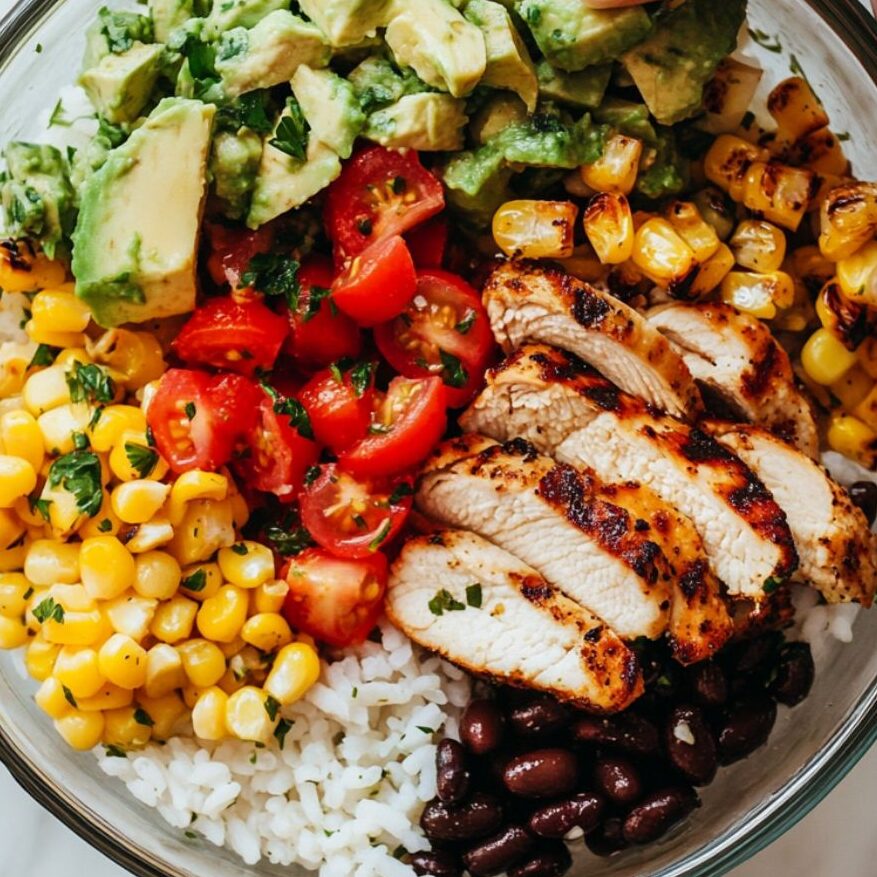 A glass bowl with burrito bowl ingredients being assembled in sections on a white marble counter.