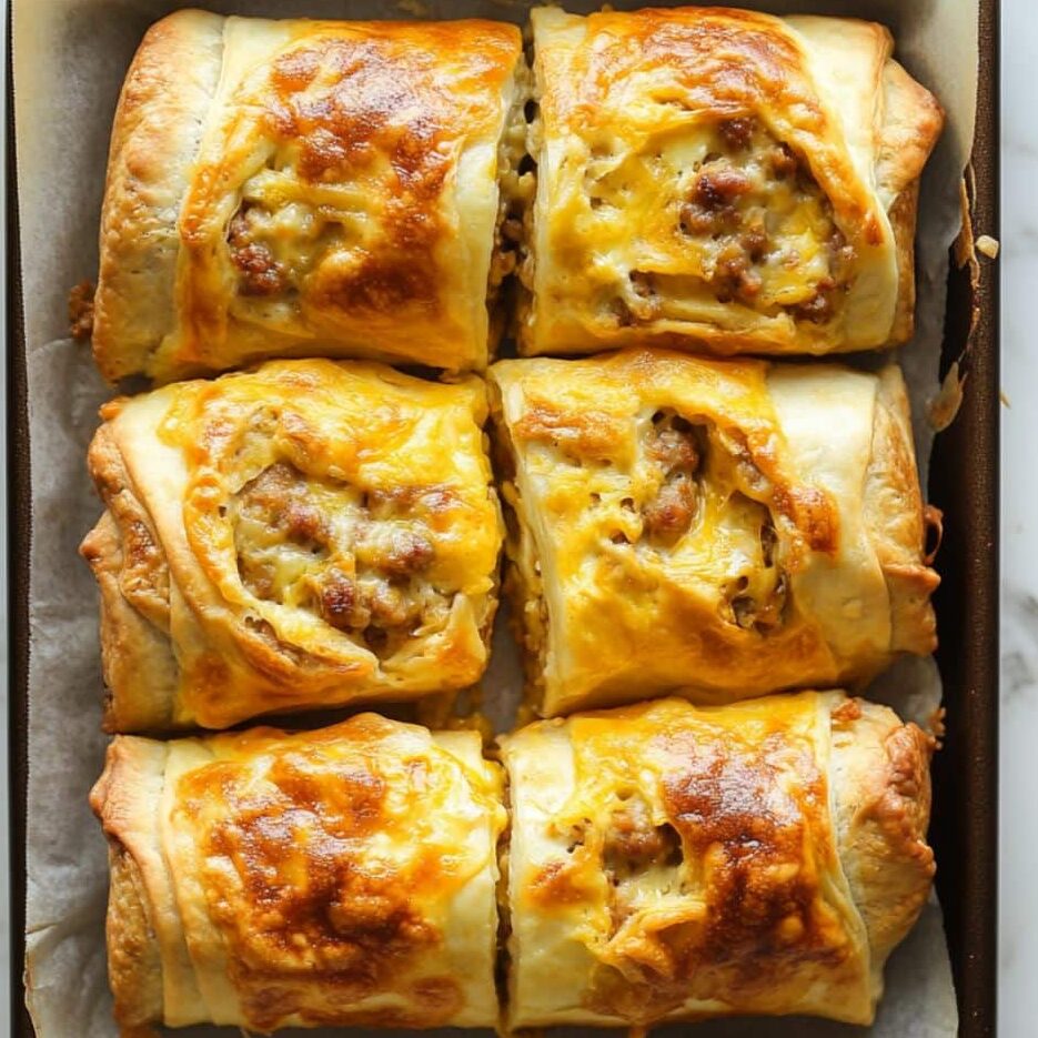 Golden brown breakfast roll ups fresh from the oven on baking tray