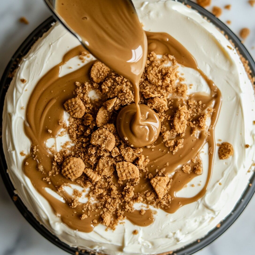 Melted Biscoff spread being drizzled over a chilled cheesecake with cookie topping.
