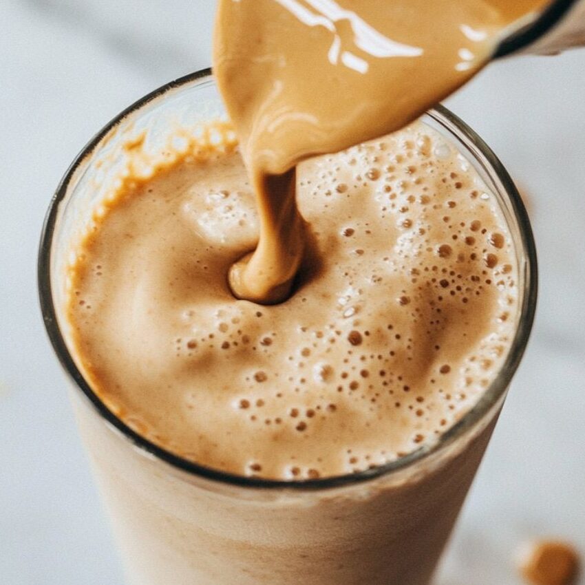 Pouring blended peanut butter shake into a clear glass on marble counter