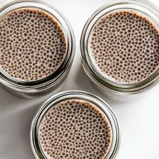 Chia pudding jars chilled overnight on the counter before refrigeration