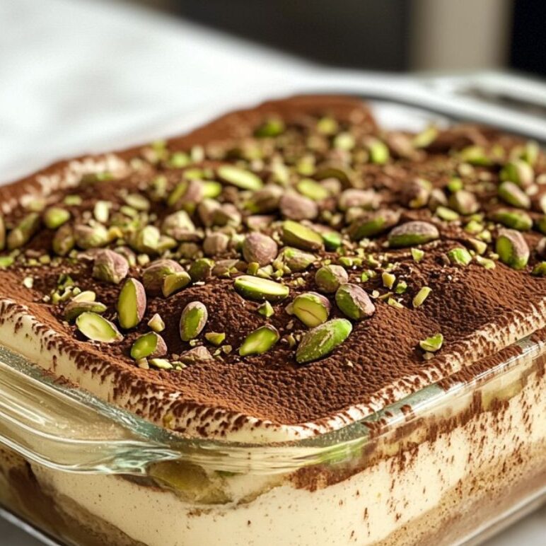 Chilled pistachio tiramisu dusted with cocoa powder and garnished with pistachios on marble counter