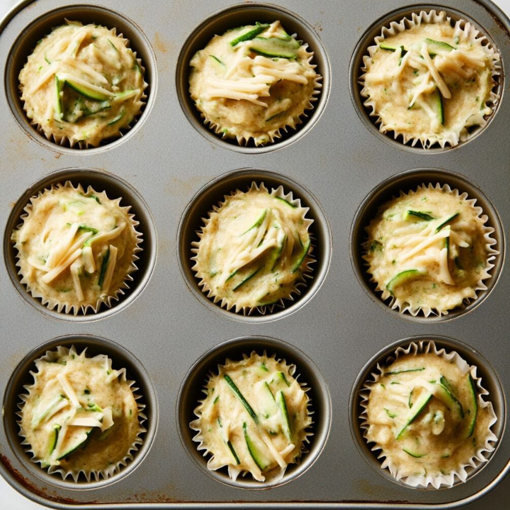 Zucchini cheddar muffin batter scooped into a muffin tin
