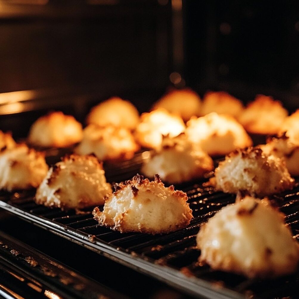 Coconut macaroons baking in the oven with golden edges forming