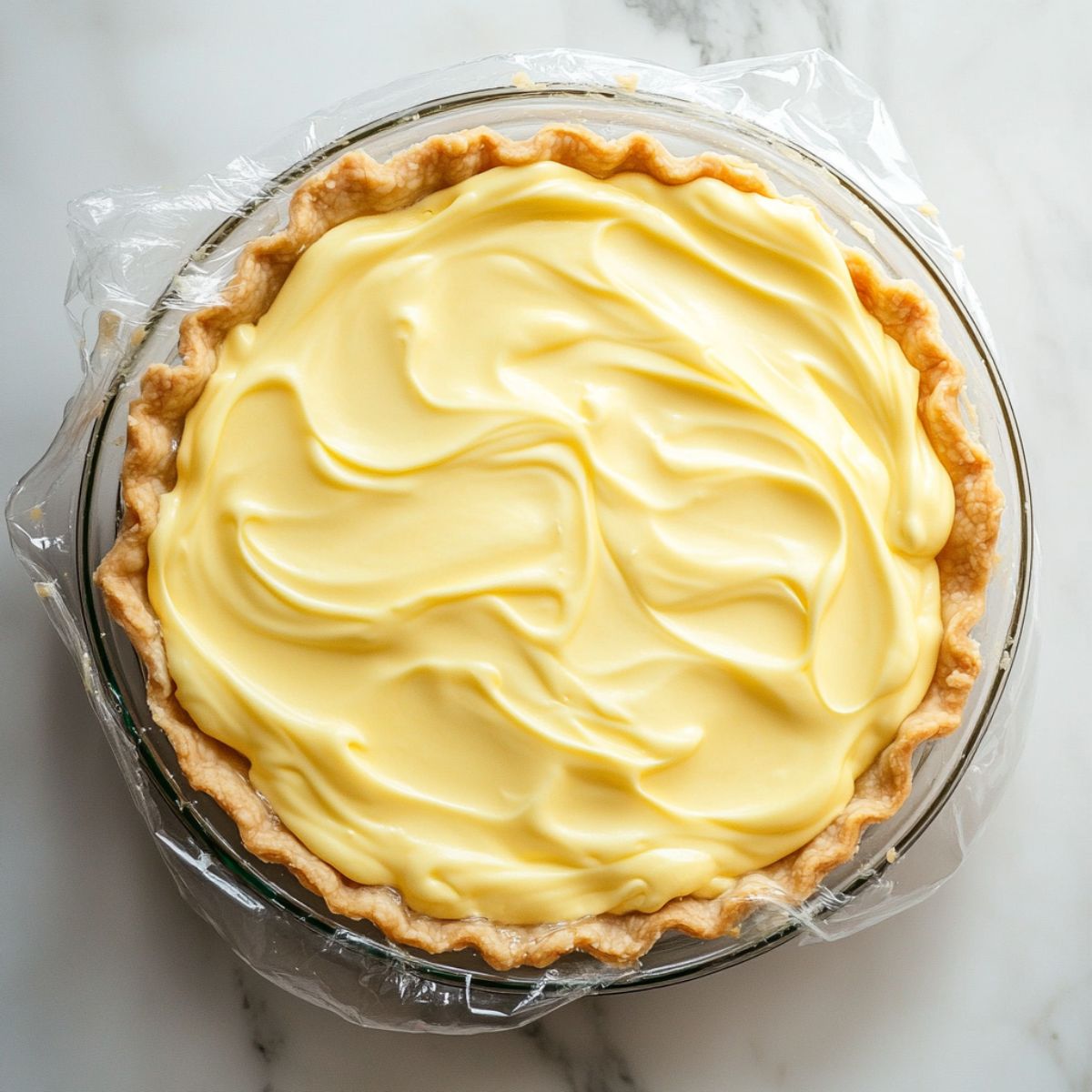 Lemon cream pie in a pie dish ready to be chilled