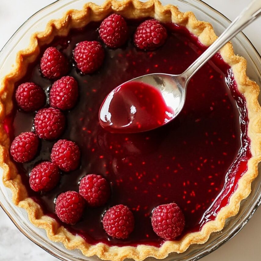 Pouring raspberry filling into a baked tart crust on marble surface
