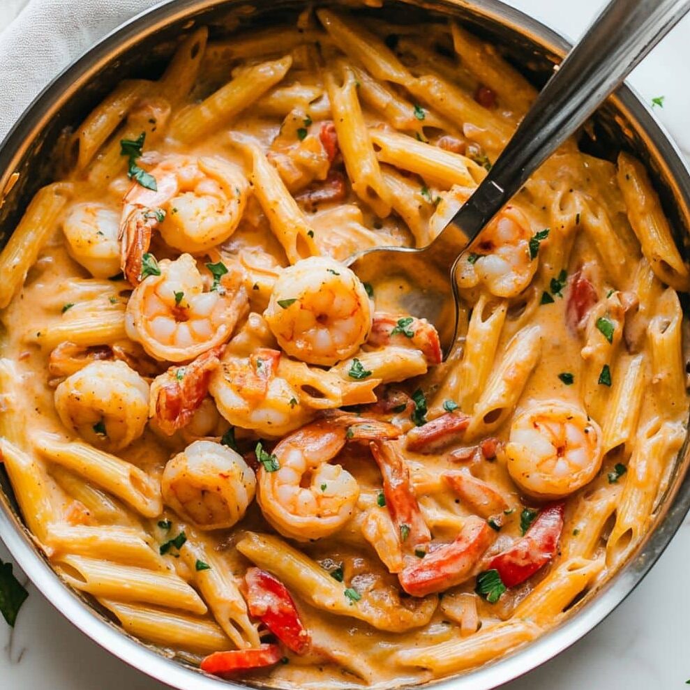 Shrimp and pasta being combined in a creamy sauce.