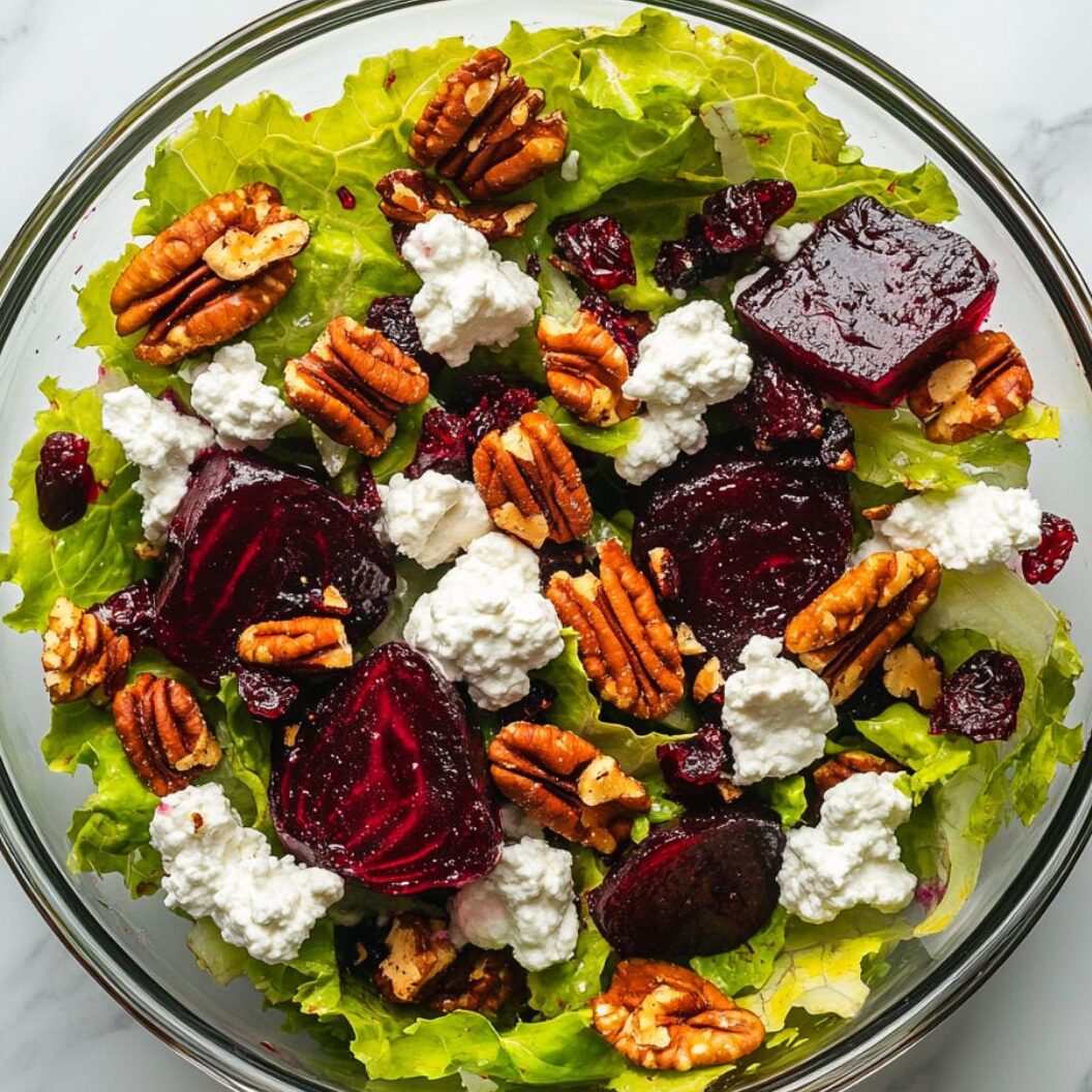 Dressing being poured over salad in a glass bowl on a marble kitchen counter.