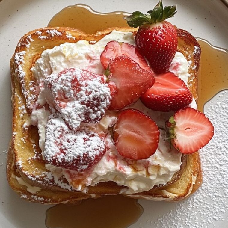 Final plated strawberry stuffed French toast with toppings