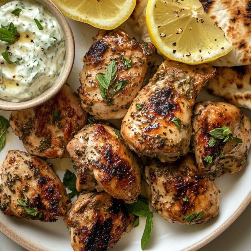Juicy Greek chicken served with lemon and herbs on a white kitchen counter.
