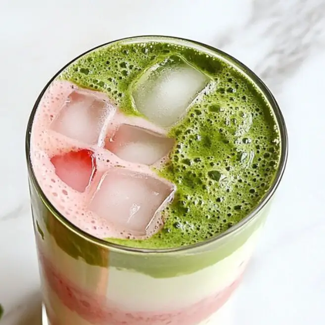 Strawberry matcha latte garnished with strawberry slices and dusted matcha on top