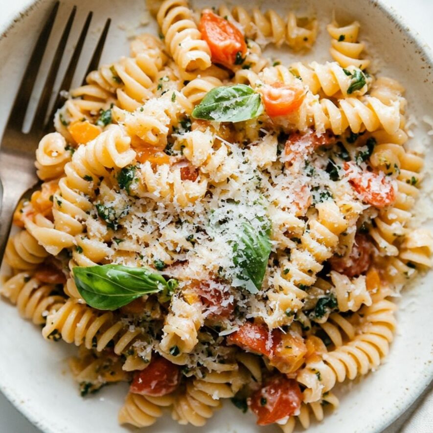 Pasta primavera served on a plate with herbs and cheese
