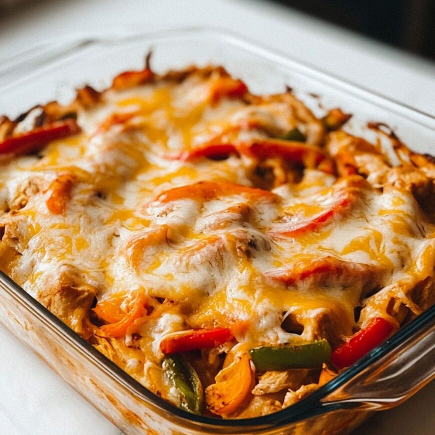 Finished chicken fajita casserole with melted cheese fresh out of the oven