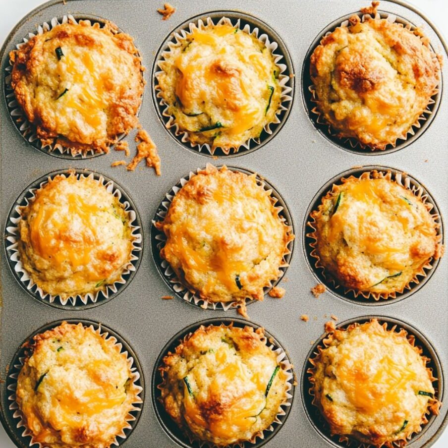 Golden brown zucchini cheddar muffins fresh out of the oven