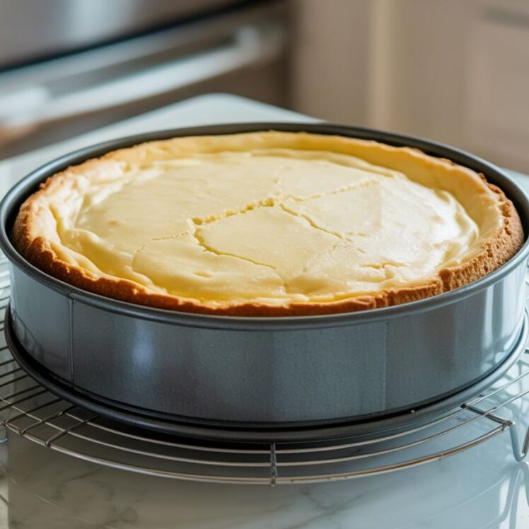 Cheesecake cooling on rack on marble counter before chilling