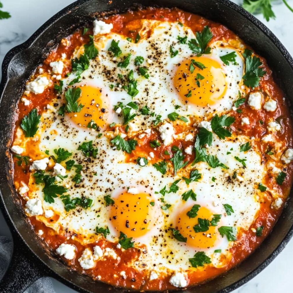 Finished shakshuka with feta and herbs, ready to serve