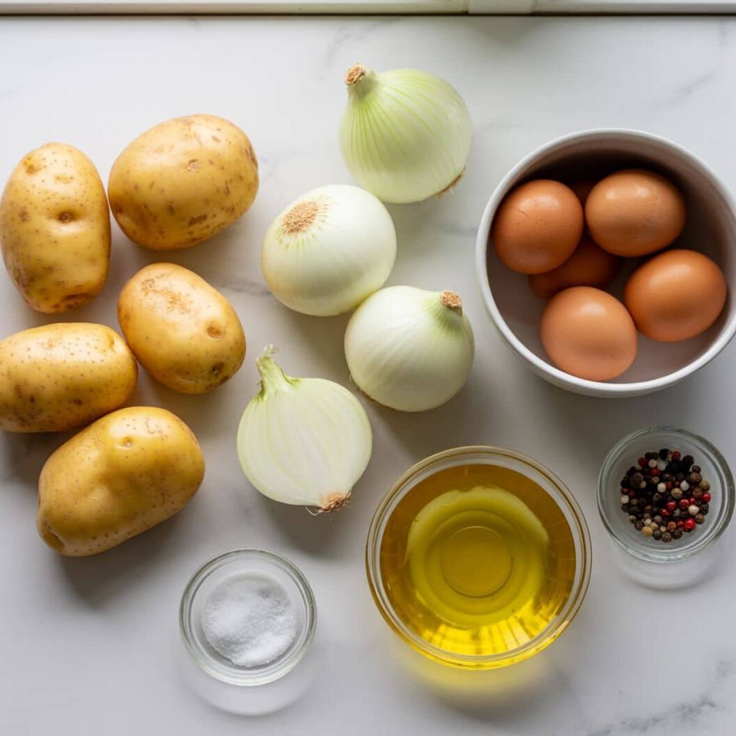 Flat lay of raw ingredients for Tortilla Española recipe including potatoes, onions, eggs, and olive oil.