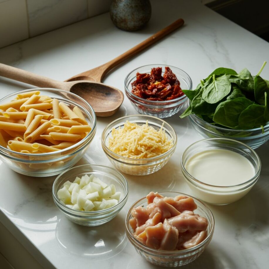 Ingredients for Tuscan pasta recipe arranged on a white marble counter