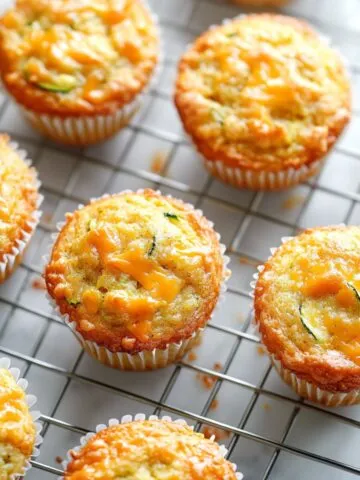 Freshly baked zucchini cheddar muffins recipe cooling on a wire rack on a white marble counter