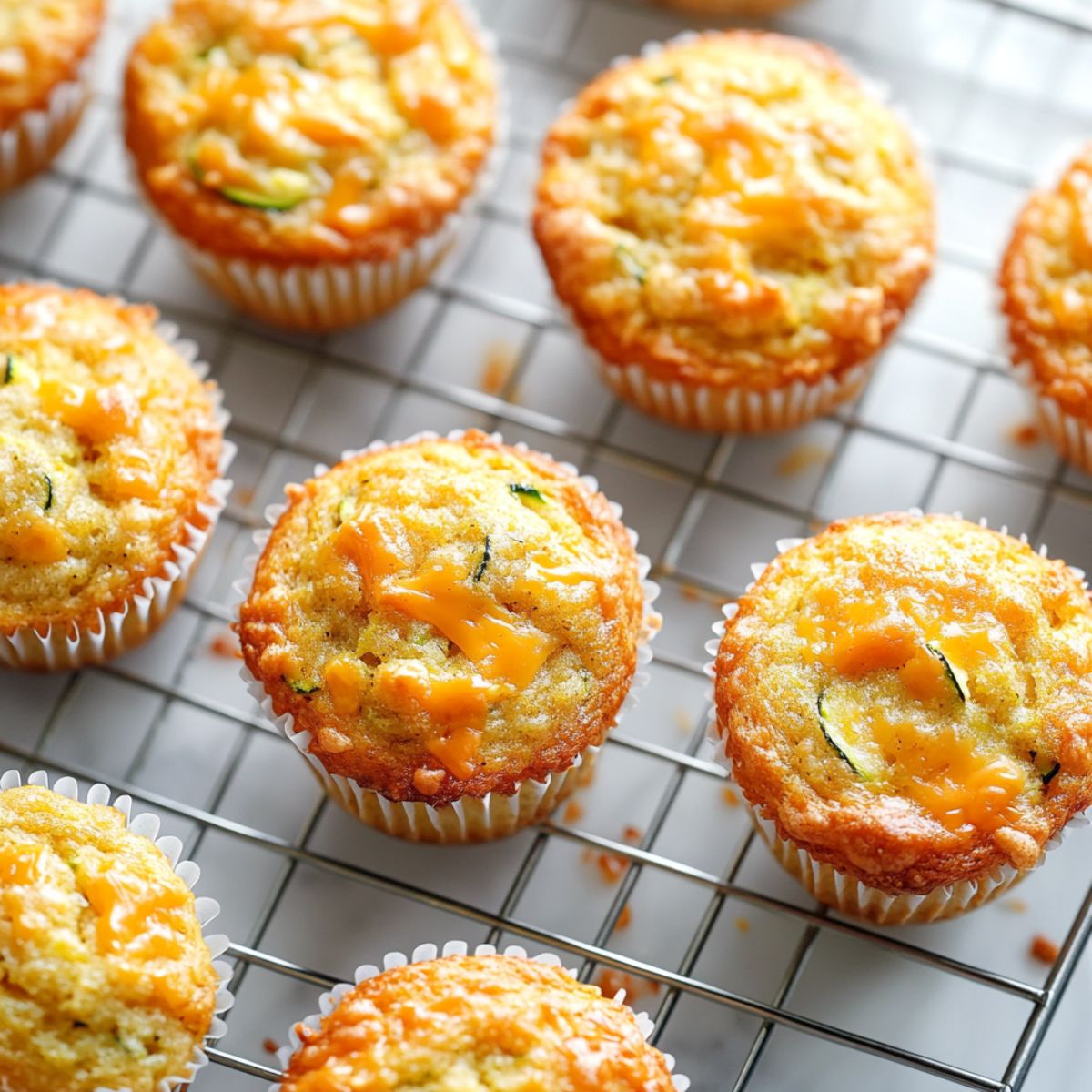Freshly baked zucchini cheddar muffins recipe cooling on a wire rack on a white marble counter