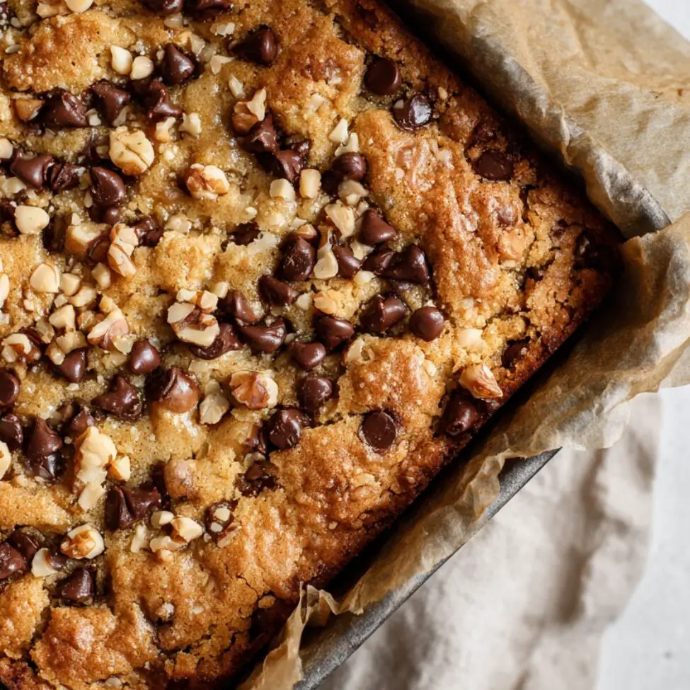 Pan of freshly baked blondies cooling on a white kitchen counter

