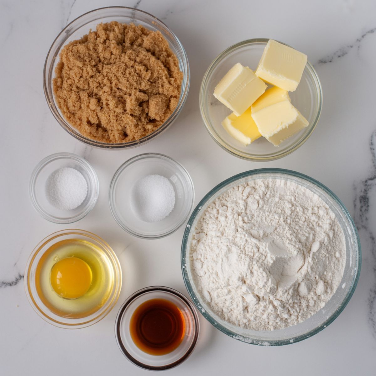 All ingredients laid out on a white counter for making brown butter blondies recipe

