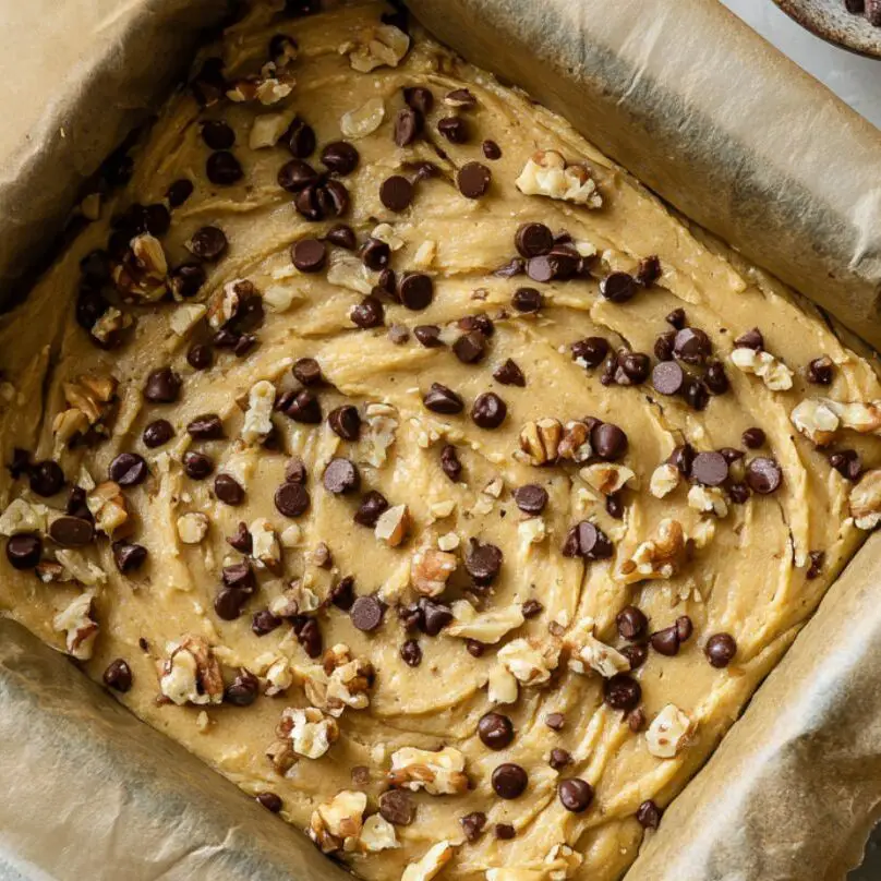 Blondie batter with chocolate chips spread into a parchment-lined baking pan

