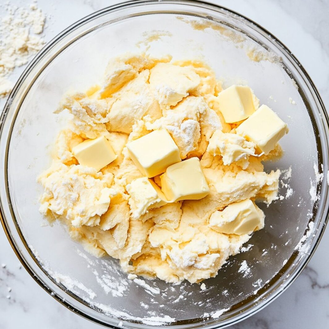 Biscuit dough in a mixing bowl with butter pieces showing