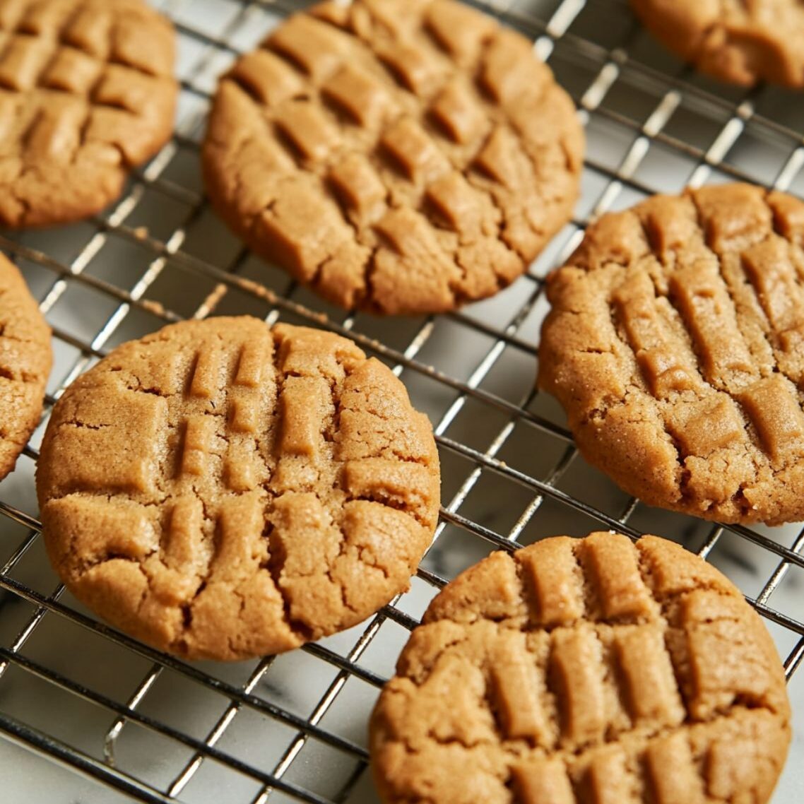 Golden peanut butter cookies cooling on a rack after baking
