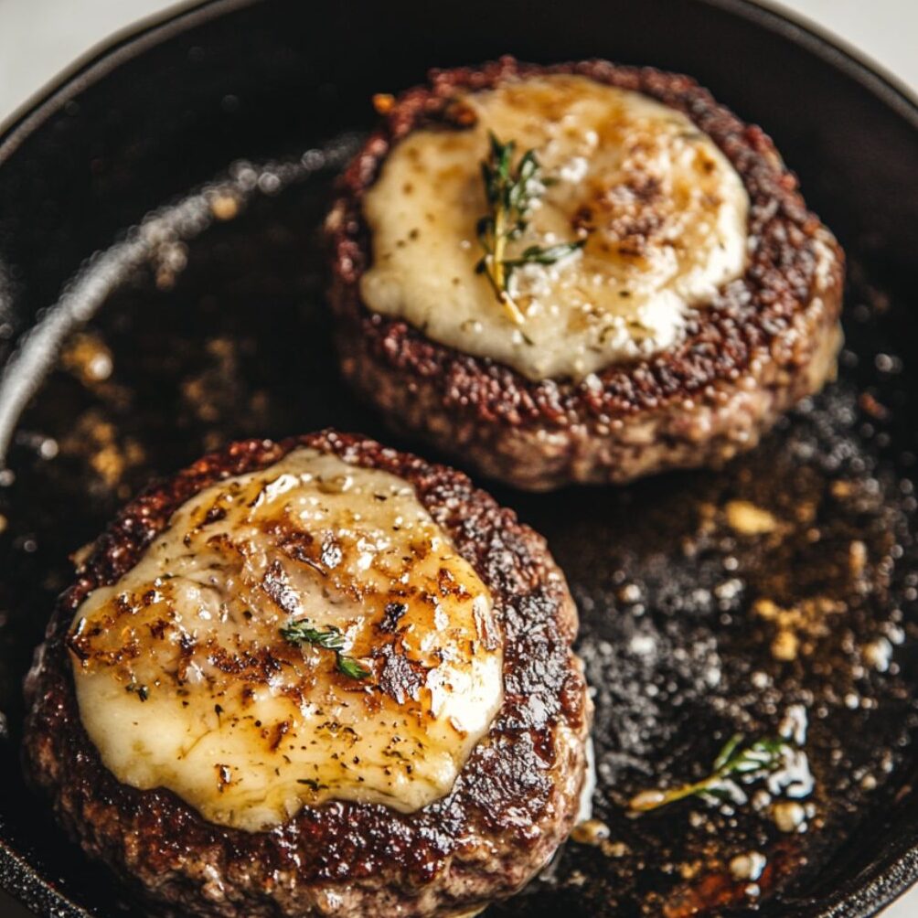 Beef patties cooking in a skillet with cheese melting on top