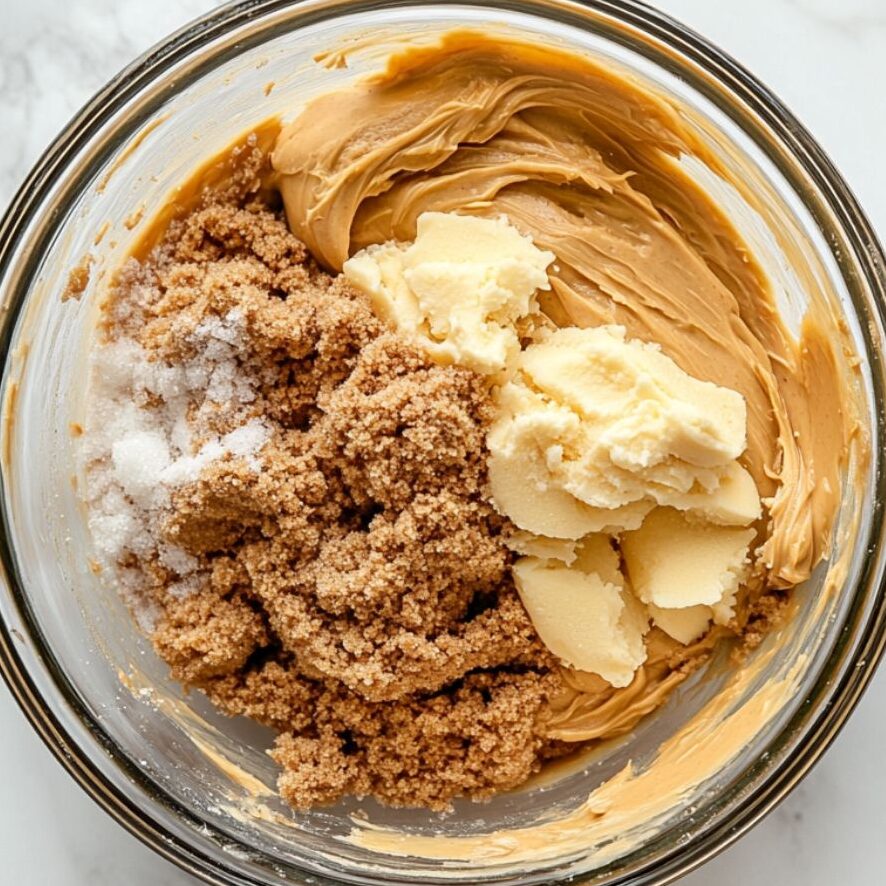 Wet ingredients for peanut butter cookies being mixed in a glass bowl